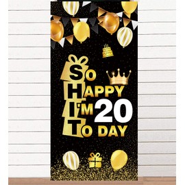So Happy I'M 20 Today - Cartel de fondo negro dorado con corona Hallo Twentith Cheers to 20 años de edad, decoración temática para hombre y mujer, feliz fiesta de 20 cumpleaños, accesorios de cabina de fotos, decoración, suministros