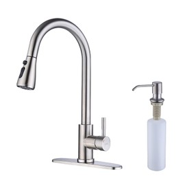 Keer Brush Nickel Single Handle Pull Down Kitchen Faucet with Soap Dispenser, 3 Modes Sprayer, Easy Assembly, Single Handle High Arc Stainless Steel Faucet