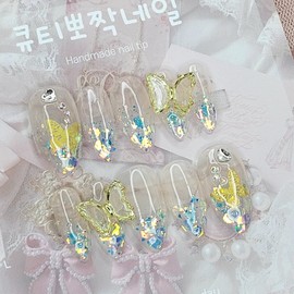 Sky Blue Butterfly Handmade Nail Tips - Coffin Egg / 하늘빛 나비 수제네일팁 - 코핀에그