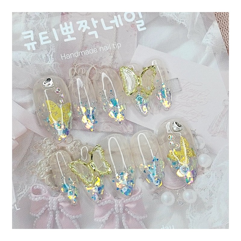 Sky Blue Butterfly Handmade Nail Tips - Coffin Egg /
