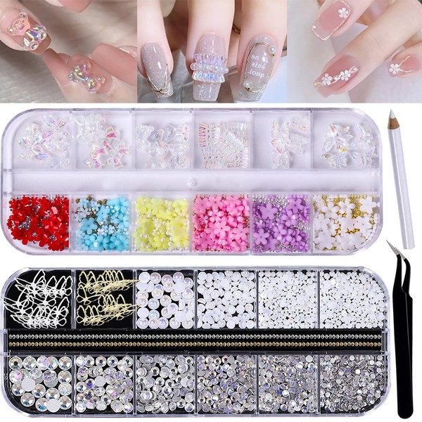 RODAKY 3D Nail Charms for Acrylic Nails Colorful Flower Butterfly Bear Nail Art Crafts Diamond for Nails Decoration Nail Charms Pearl Metal Gem Crystal Rhinestones for Nail Design Charms DIY Crafts