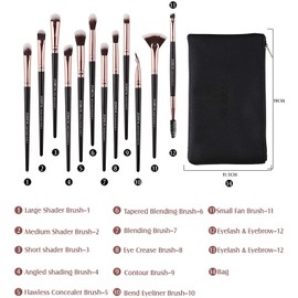 Z'OREYA Eye Makeup Brushes, 12 Pcs Professional Eye Brush Set Eyeshadow, Eyebrow, Blending, Fan, Eyelash Brushes Set With Carrying Bag (Black)