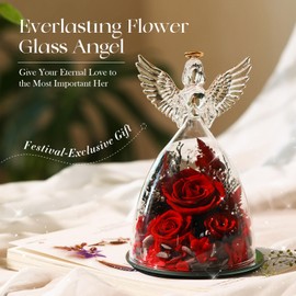 Birthday Gifts for Wife and Girlfriend, Red Preserved Roses in Glass Angel Figurine, Romantic Birthday Gift for Her, Love Keepsake