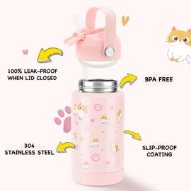Kerilyn 12oz Kids Water Bottle, Stainless Steel Insulated Water Bottle For Kids, Toddler Cup With Straws Leak-proof, Kids Water Bottles For School Boys Girls, BPA Free, Kitty