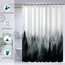 Ohok Bathroom Shower Curtain 180 x 180 cm, Waterproof Forest Shower Curtains with 12 Hooks, Bathroom Decoration, Bath Curtain, Durable Polyester Bath Curtain (Dark Green)