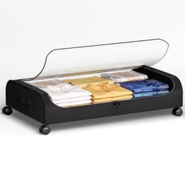 Yeebonix Under Bed Storage with Wheels, Curved Under Bed Storage Containers, 60L Under The Bed Storage Bins, Rolling Under The Bed Storage Metal Drawer for Clothes, Blankets, Shoes-Black