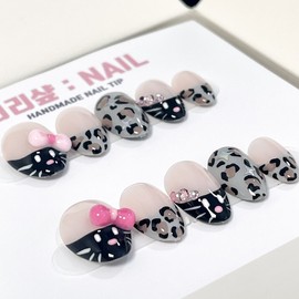 Black Cat Leopard Handmade Nail Tips - Short Oval / 껌둥이 고양이 호피 수제네일팁 - 숏오벌