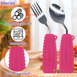 Ehucon Adaptive Utensils Angled Spoon and Fork for Elderly,Hand Tremors Parkinsons,Weighted Silverware with Non-Slip-Easy Grip Handles for Independent Eating (Pink, Right)