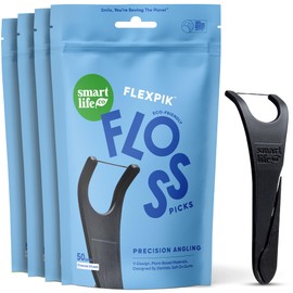 SmartLifeco Biodegradable* Angled Dental Floss Picks - Charcoal Thread Flossers for Molars & Back Teeth, All Natural Teeth Whitening, Eco Friendly Handle, Toothpick Stick Soft on Gums, Vegan, 200x