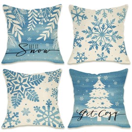 Fahrendom Winter Snowflake Decorative Throw Pillow Covers 16 x 16 Set of 4, Let It Snow Blue Christmas Tree Leaves Outdoor Pillowcase, Get Cozy Christmas Holiday Farmhouse Cushion Case Home Decor