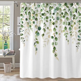 kampdream Green Eucalyptus Leaves Shower Curtain, Watercolor Plant On The Top Shower Curtain, Sage Green Spring Botanical Bathroom Curtain 72 ×72 Inch