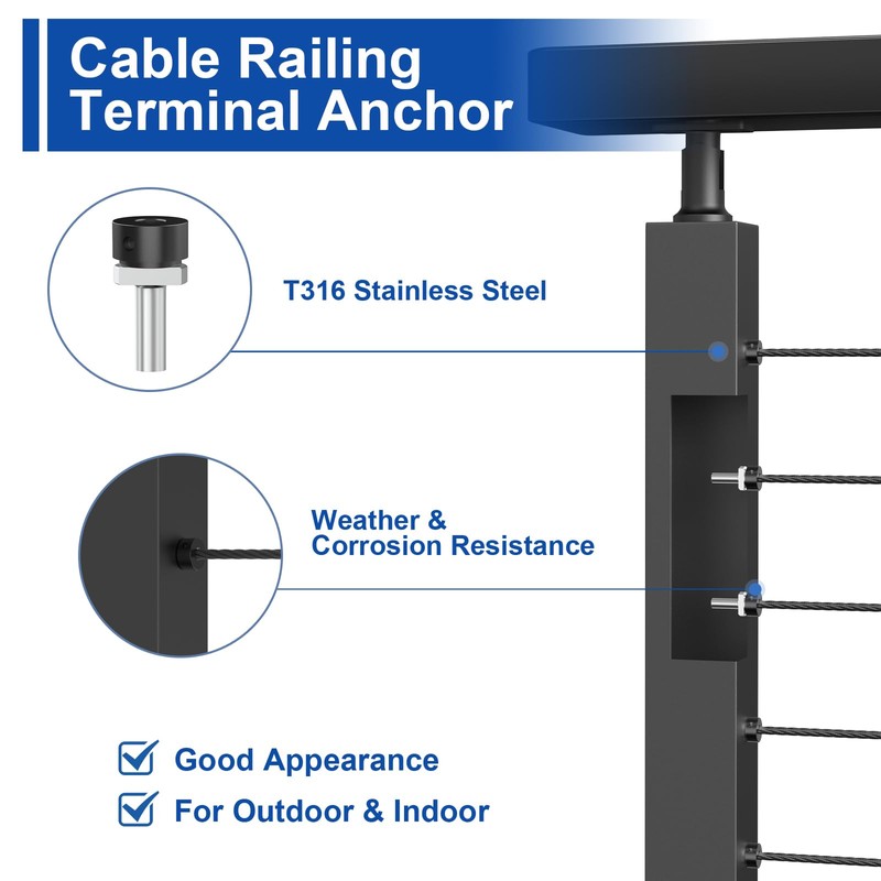 BLIKA 20 Pack 1/8" Black Cable Railing Anchor Terminal, T316