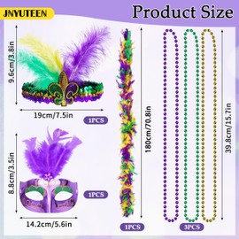 6 Pcs Mardi Gras Costume Accessories Set, Feather Headband Masks Beads Necklace Neckerchief for Women Mardi Gras Outfit
