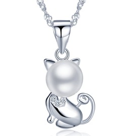 Unendlich U Women's Necklace Cat Kitten 8 mm Pearl Pendant 925 Sterling Silver Pearl Necklace Girls Chain Rose Gold/Silver, Sterling Silver, Pearl