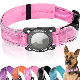 LZXLXS Upgraded AirTag Dog Collar with Waterproof Air tag Holder, Luminous Reflective Adjustable Comfortable Padded GPS Collars for Small Medium Large Dogs, Pink, S