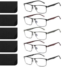 ORANZI 5 pack Business Style Reading Glasses Men - Blue Light Blocking Metal Frame Spring Hinge Durable Readers for Men Women(Y1 Mix, 0.00)