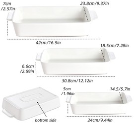 Ceramic Bakeware Set, Rectangular Porcelain Baking Dishes for Kitchen, Lasagna Pans with Handle for Cooking, Baking Pan Deep Bakeware for Baking, Set of 3 White