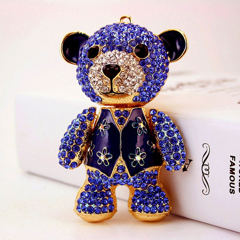 Bear Keychain Electroplate Long Bright Rhinestones Bear Keychain with Hook