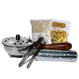 Incense Pan Set Silver Nickel 5 Pieces Incense Burner for Smoking Frankincense, Resins, Includes Frankincense, Charcoal Smoking Sand, Smoking Tongs