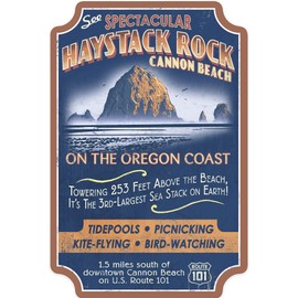 Die Cut Sticker Cannon Beach, Oregon, Haystack Rock Vintage Sign, Contour Vinyl Sticker 1 to 3 inches (Waterproof Decal for Cars, Water Bottles, Laptops, Coolers), Small