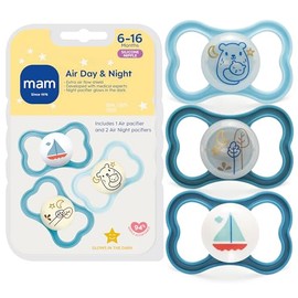 MAM Air Night & Day - Chupete de bebé para piel sensible, brilla en la oscuridad, paquete de 3, 6-16 meses, niño