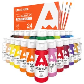 AUREUO Acrylic Paint Set 24 Colors 2 Oz.(59ml) Metallic Colors Art Craft Painting Kits with 3 Paint Brushes - Rich Pigments Acrylic Paints for Kids, Students, Beginners, Artists