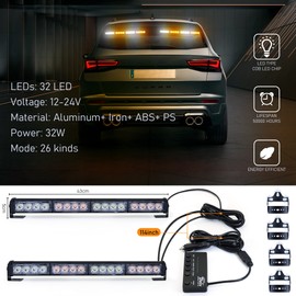 Dinfu Emergency Dash Strobe Lights with Controller for Trucks - 2 x 16.8 inch 36 LED Amber White Light Bars for Trucks,Construction Vehicles,Safety Light Bars with Strong Suction Cups