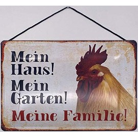 Blechschild With Cord 30 x 20 cm Animal Sign "Mein Haus ! Mein Garten ! Meine Familie ! Hahn ! - Blechemma