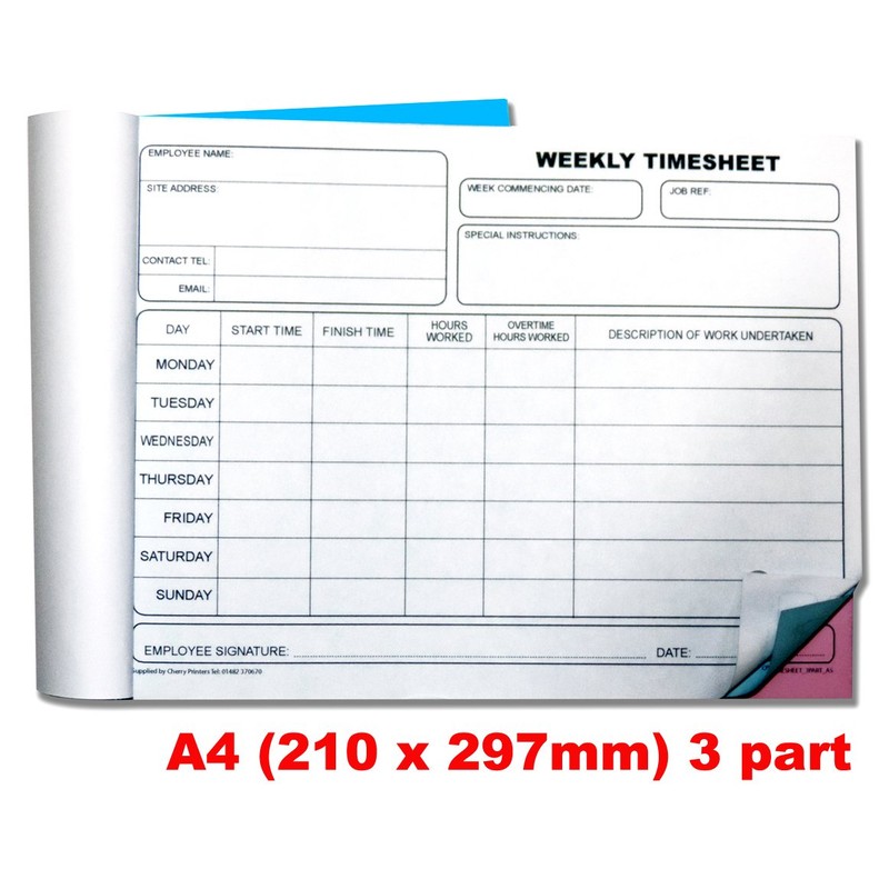Cherry Carbonless NCR Weekly Timesheet Triplicate Book A4 50 Sets