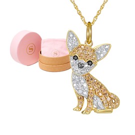 SCAMPER & CO Sitting Chihuahua Pendant Necklace for Women - Genuine Gemstone and Cubic Zirconia Puppy Charm with Elegant Backplate, Premium Plated Sterling Silver Chain Easy Closure,18 inch