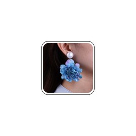 TseenYi Boho Large Fabric Flower Pearl Earrings Blue Big Flower Earrings Exaggerated Floral Petal Earrings Huge Fabric Rose Petal Drop Earrings Bridal Pearl Wedding Floral Earrings for Women