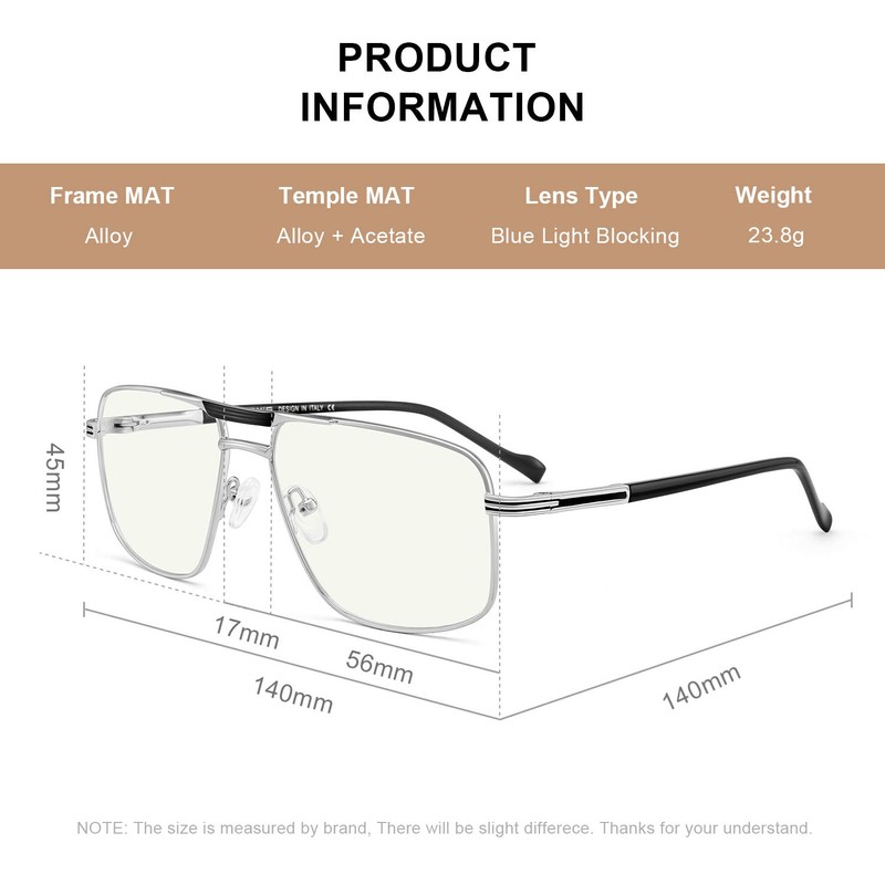 RB.Pilot Reading Glasses for Men Square Double Bridge Blue Light