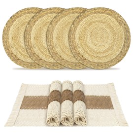 Boho Placemats Set of 4, Natural Cotton Burlap and Water Straw Woven Combination Table Mats with Macrame Burlap Table Runner, Farmhouse Style Round Woven Placemats for Dining Table Kitchen