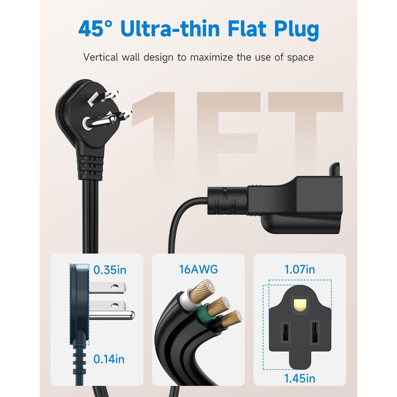 Flat Plug 1Ft Short Extension Cord, 90-Degree Plug Low Profile