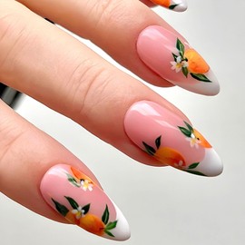 White French Tip Press on Nails Medium Fake Nails Almond with Flower Leaf Fruit Design False Nails Light Pink Full Cover Nails Press ons Glossy Stick on Nails for Women 24Pcs