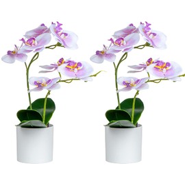 XONOR Artificial Orchid Flowers, Pack of 2 Potted Orchid Blossoms Fake Orchids with Plastic Vase for Table Decoration, Home Decor, Office, Wedding Party Decoration (Purple)