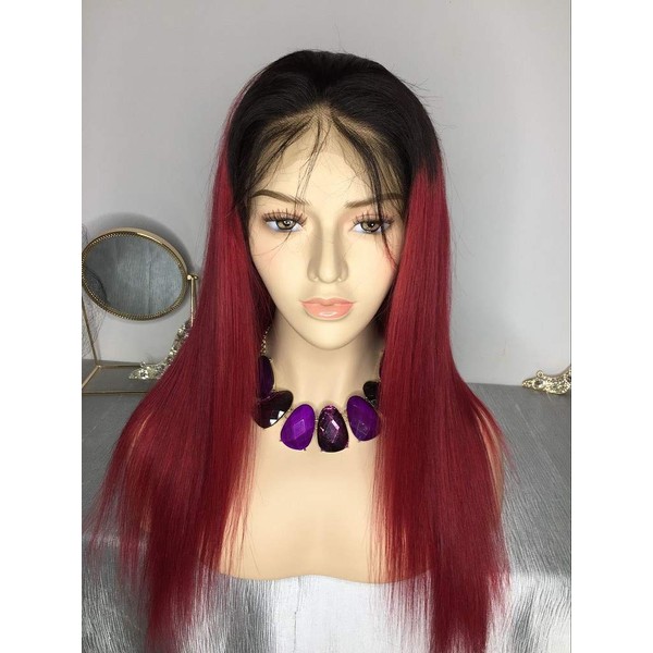 Mila Human Hair Wig Red Ombre for Women Glueless Brazilian Virgin Hair 1B/Red Lace Front Wig Straight 130% Density with Baby Hair 14"