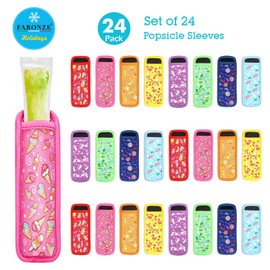 Ice Pop Neoprene Insulator Sleeves, Freezer Popsicle Holder Sleeves, Patterned Ice Sleeves Holder Bag, Reusable Washable Ice Popsicle Holders for Kids (24 Pcs Mixed Color with Pattern)