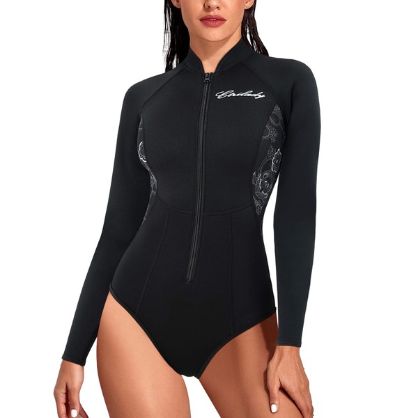 CtriLady Women’s Neoprene Wetsuit Long Sleeve Swimsuit with Front Zipper for Swimming, Diving, Surfing and Canoeing (Black, S)