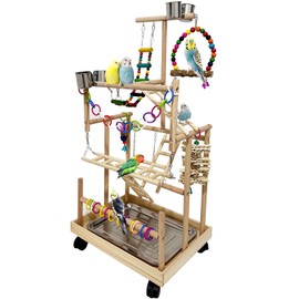 Niwaes 5 Layers Large Bird Playstand with Wheel, Natural Wood Parrot Playground, Parakeet Perch Stand Small Bird Playgym with Ladder Toy Accessories for Cockatiel Cockatoo Finch Budgie Lovebird
