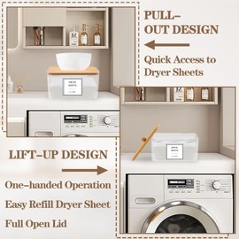 Gocasmus Dryer Sheet Holder - Clear Dryer Sheets Container with Bamboo Lid, 16 Labels and Scoops for Laundry Room Organization and Storage Dryer Sheet, Balls, Clothespins, Pods