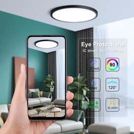 12inch 24W LED Ceiling Light Flush Mount, 6000K Cold White Ceiling Light, 3200LM Bright Round Lighting Fixtures, Flat Slim Black Ceiling Lights for Bedroom Kitchen Living Room Stairwell