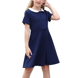 GORLYA Girl's Short Sleeve Casual Vintage Peter Pan Collar Fit and Flare Skater Party Dress with Pockets (GOR1006, 9-10Y, Navy)