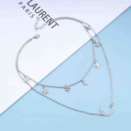 Erimberate Bohemian Layered Moon Star Necklace Paved Northstar Pendant Necklace Chain Silver Crystal Crescent Necklace Star Moon Dangle Necklace Jewelry for Women and Girls