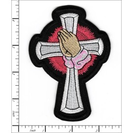 Patchwork Paradise Praying Hands with Cross Embroidered Iron-On Patch – Faith & Prayer Badge