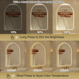 24"x36" Arched LED Bathroom Mirror, Gold Framed LED Bathroom Mirrors with Front Light and Backlit, Anti-Fog, Dimmable, 3 Colors, Memory Function, Arch Smart Vanity Mirror