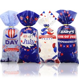 100PCS USA Independence Day Cellophane Gift Bags,Patriotic 4th of July Blue Red White American Flag Plastic Goodie Cookie Bag Party Favor Treat Bag for Independence Memorial Day Sports Event Supplies