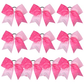 DEEKA 10 PCS Rhinestones Two Toned Large Cheer Hair Bows 7" Glitter Cheer Ponytail Holder Handmade for Teen Girls Softball Cheerleader Sports -Light Pink/Hot Pink