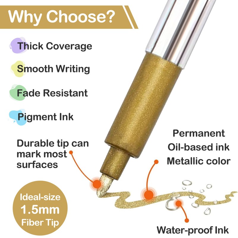MyLifeUNIT Metallic Marker Pens, 6-Pack Metallic Gold Silver Permanent Markers,