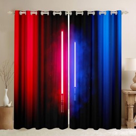 Castle Fairy - Cortina de ventana con sable de luz roja y azul, luz de neón brillante, cortinas de ventana geométrica abstracta para niñas y niños, niños, adultos, juegos de moda, cortinas de tratamiento de ventana para sala de estar, 38 pulgadas de anch